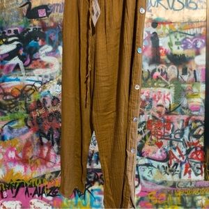 Women's Tan Wide Leg Pants with Button Detail